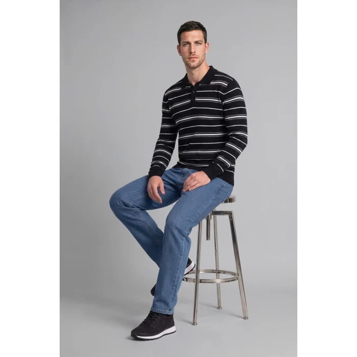 Defacto H8552AXNV64 Lacivert Standart Fit Polo Yaka Çizgili Triko Kazak