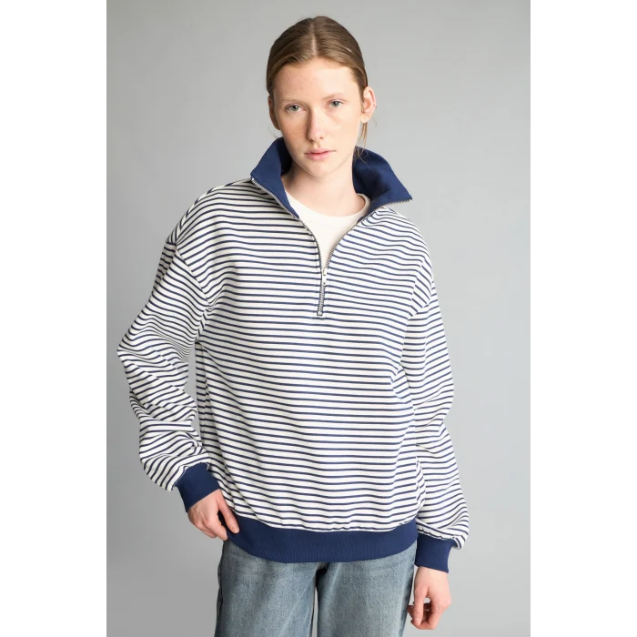 Defacto J1258AXNV242 Lacivert Slım Fıt Bisiklet Yaka Çizgili Kalın Sweatshirt Kumaşı Sweatshirt