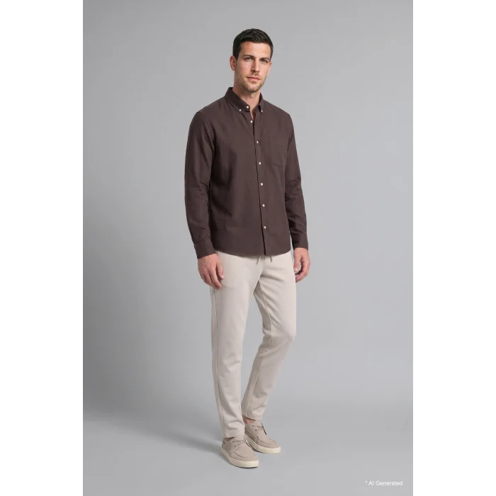 Defacto A8028AXBN336 Kahve %100 Pamuk Regular Fit Polo Yaka Oxford Basic Uzun Kollu Gömlek