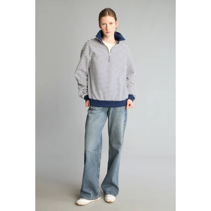 Defacto J1258AXNV242 Lacivert Slım Fıt Bisiklet Yaka Çizgili Kalın Sweatshirt Kumaşı Sweatshirt