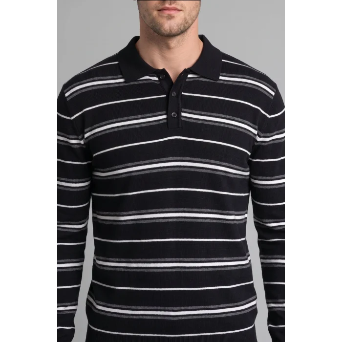 Defacto H8552AXNV64 Lacivert Standart Fit Polo Yaka Çizgili Triko Kazak