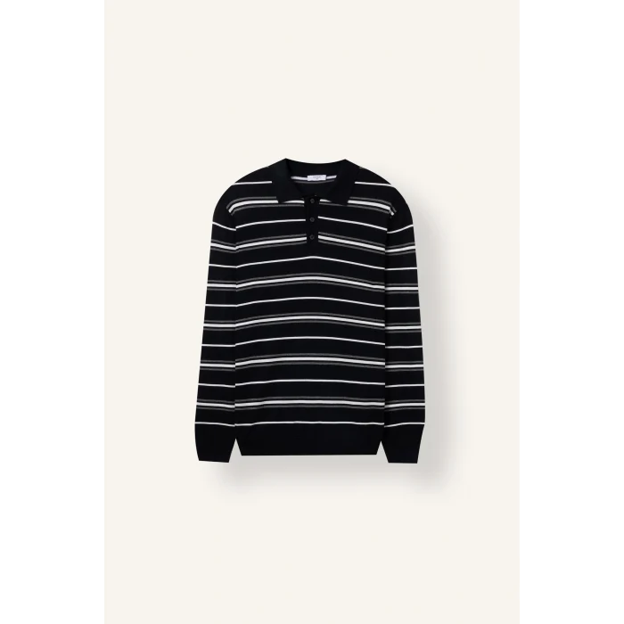 Defacto H8552AXNV64 Lacivert Standart Fit Polo Yaka Çizgili Triko Kazak