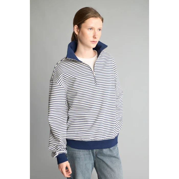 Defacto J1258AXNV242 Lacivert Slım Fıt Bisiklet Yaka Çizgili Kalın Sweatshirt Kumaşı Sweatshirt
