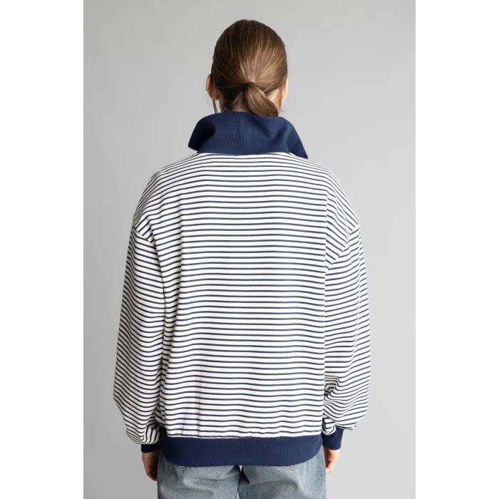 Defacto J1258AXNV242 Lacivert Slım Fıt Bisiklet Yaka Çizgili Kalın Sweatshirt Kumaşı Sweatshirt