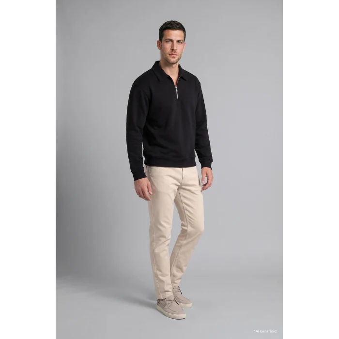 Defacto H1833AXBK81 Siyah Pamuklu Regular Fıt Polo Yaka Kalın Kumaş Sweatshirt