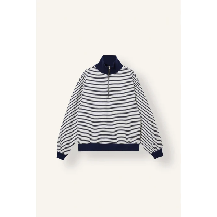 Defacto J1258AXNV242 Lacivert Slım Fıt Bisiklet Yaka Çizgili Kalın Sweatshirt Kumaşı Sweatshirt