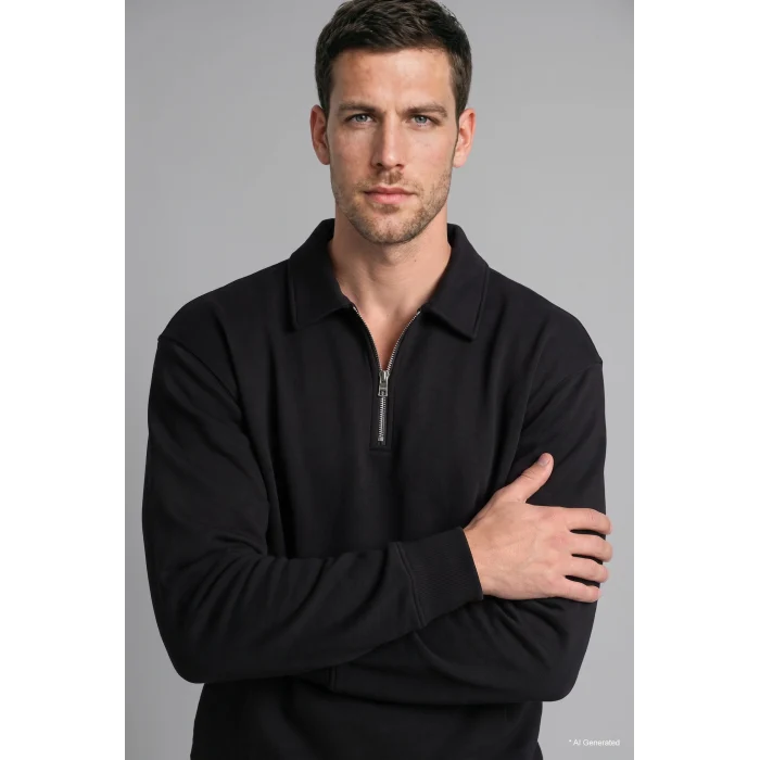 Defacto H1833AXBK81 Siyah Pamuklu Regular Fıt Polo Yaka Kalın Kumaş Sweatshirt
