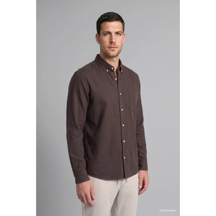 Defacto A8028AXBN336 Kahve %100 Pamuk Regular Fit Polo Yaka Oxford Basic Uzun Kollu Gömlek