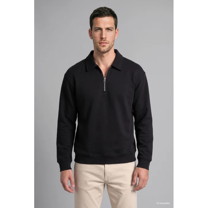 Defacto H1833AXBK81 Siyah Pamuklu Regular Fıt Polo Yaka Kalın Kumaş Sweatshirt
