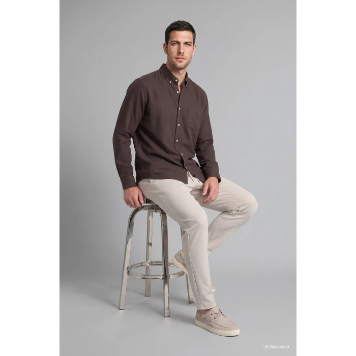 Defacto A8028AXBN336 Kahve %100 Pamuk Regular Fit Polo Yaka Oxford Basic Uzun Kollu Gömlek