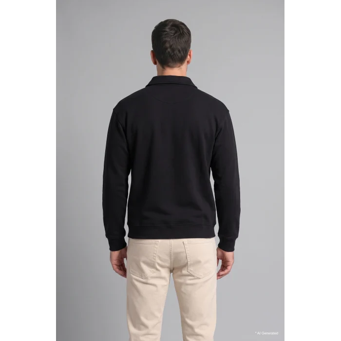 Defacto H1833AXBK81 Siyah Pamuklu Regular Fıt Polo Yaka Kalın Kumaş Sweatshirt