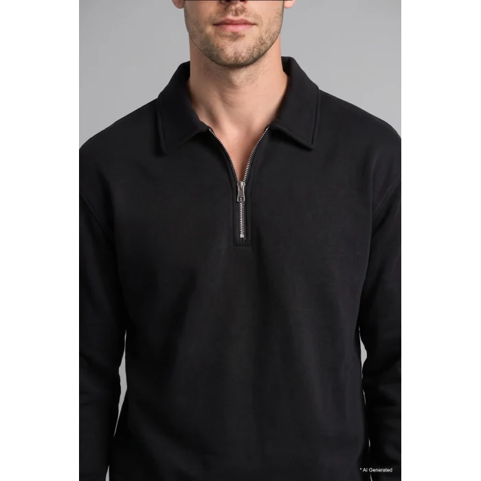 Defacto H1833AXBK81 Siyah Pamuklu Regular Fıt Polo Yaka Kalın Kumaş Sweatshirt