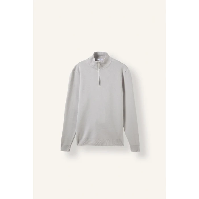 Defacto A5184AXGR184 Gri Standart Fit Normal Kesim Dik Yaka Yarım Fermuarlı Basic Düz Triko Kazak