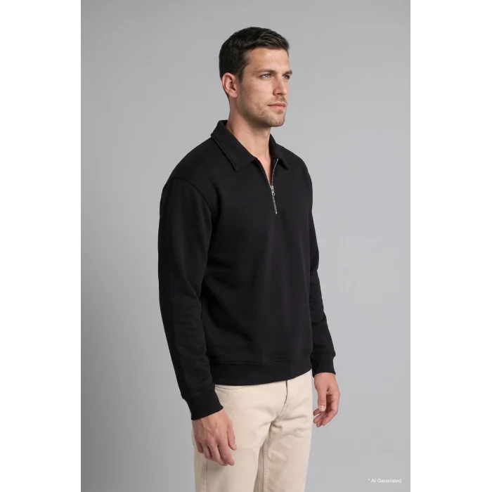 Defacto H1833AXBK81 Siyah Pamuklu Regular Fıt Polo Yaka Kalın Kumaş Sweatshirt
