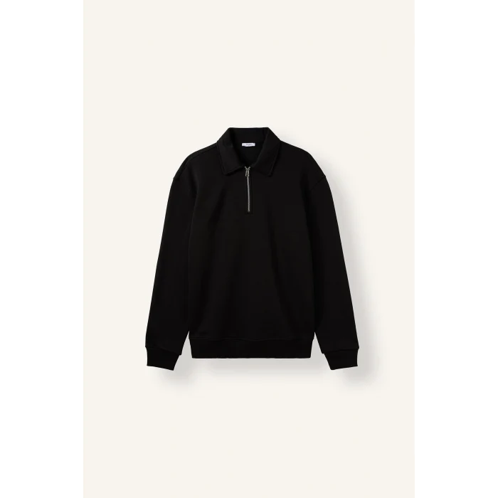 Defacto H1833AXBK81 Siyah Pamuklu Regular Fıt Polo Yaka Kalın Kumaş Sweatshirt