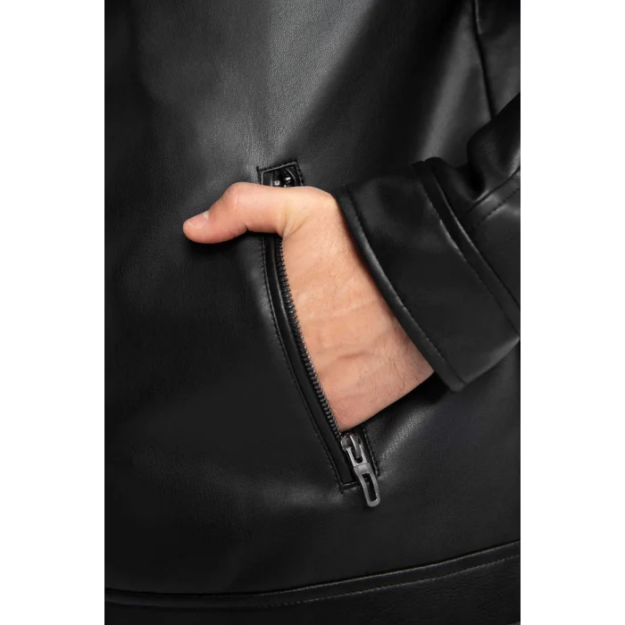 A0547 Su İtici Slim Fit Dik Yaka Suni Deri Mont