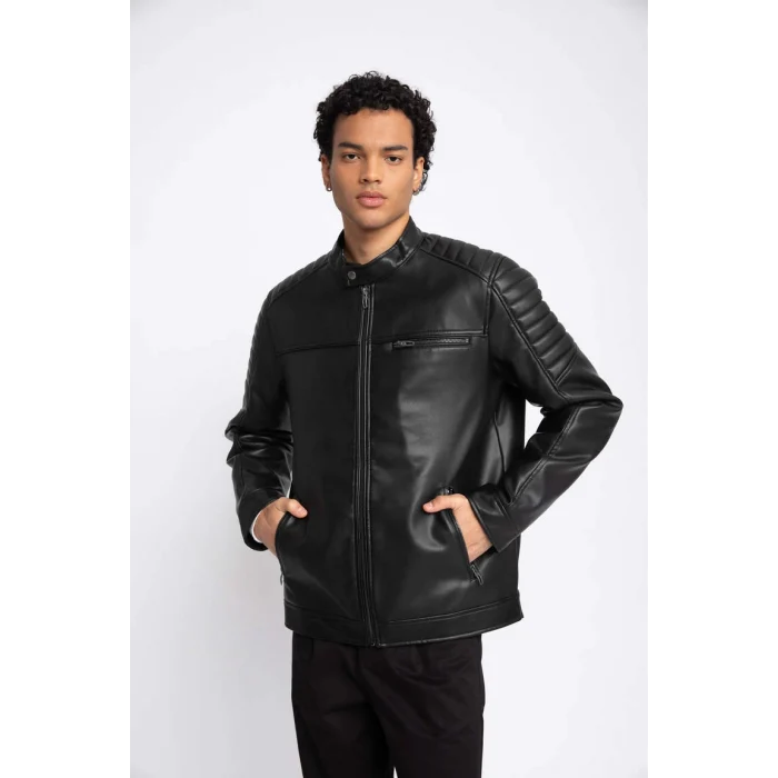 A0547 Su İtici Slim Fit Dik Yaka Suni Deri Mont