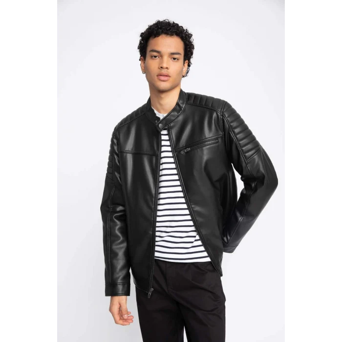 A0547 Su İtici Slim Fit Dik Yaka Suni Deri Mont