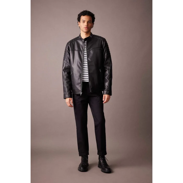 A0547 Su İtici Slim Fit Dik Yaka Suni Deri Mont