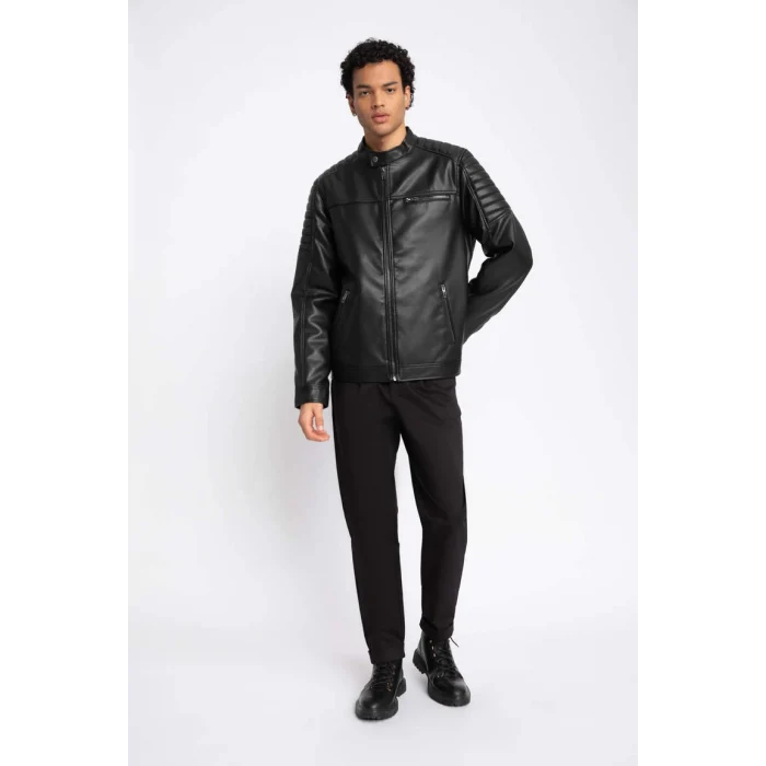 A0547 Su İtici Slim Fit Dik Yaka Suni Deri Mont