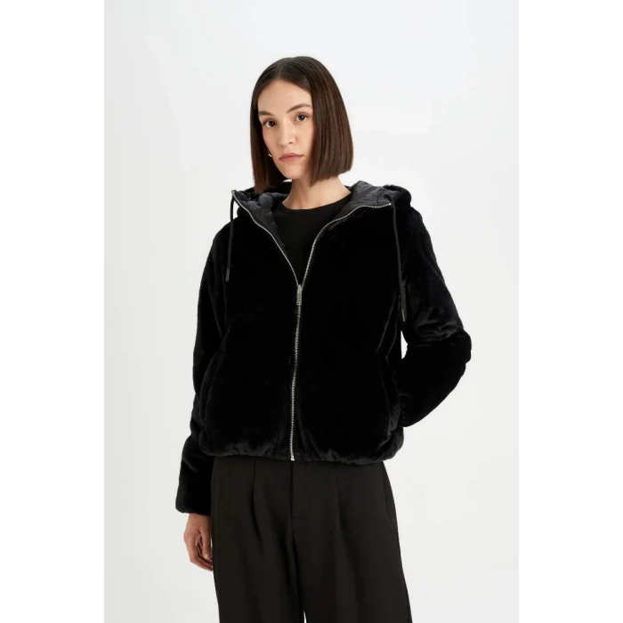 A0581 Su İtici Kapüşonlu Çift Taraflı Fermuarlı Cepli Pelüş Şişme Mont