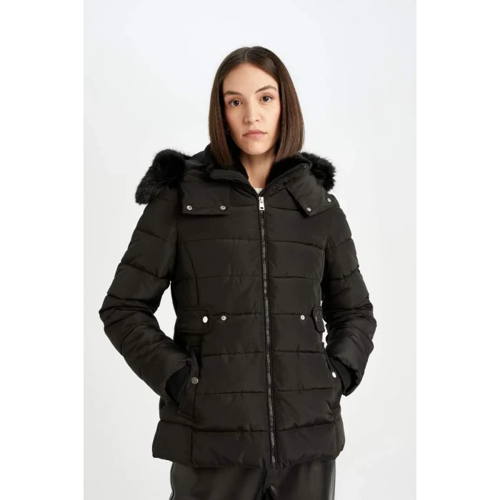 A0772 Su İtici Hafif Uzun Çıkarılabilir Suni Kürk Kapüşonlu Kapitoneli Fermuar Çıtçıtlı Cepli Şişme Mont