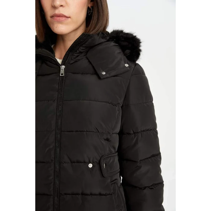 A0772 Su İtici Hafif Uzun Çıkarılabilir Suni Kürk Kapüşonlu Kapitoneli Fermuar Çıtçıtlı Cepli Şişme Mont