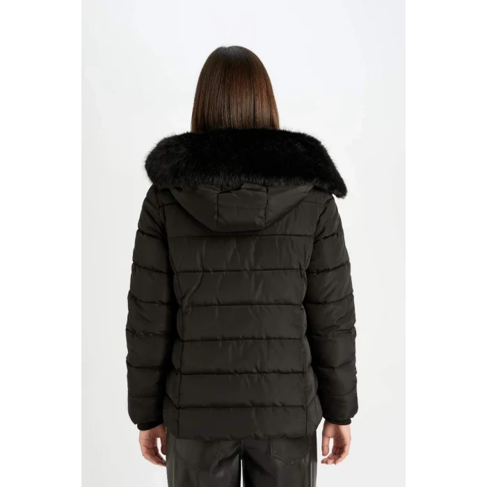 A0772 Su İtici Hafif Uzun Çıkarılabilir Suni Kürk Kapüşonlu Kapitoneli Fermuar Çıtçıtlı Cepli Şişme Mont
