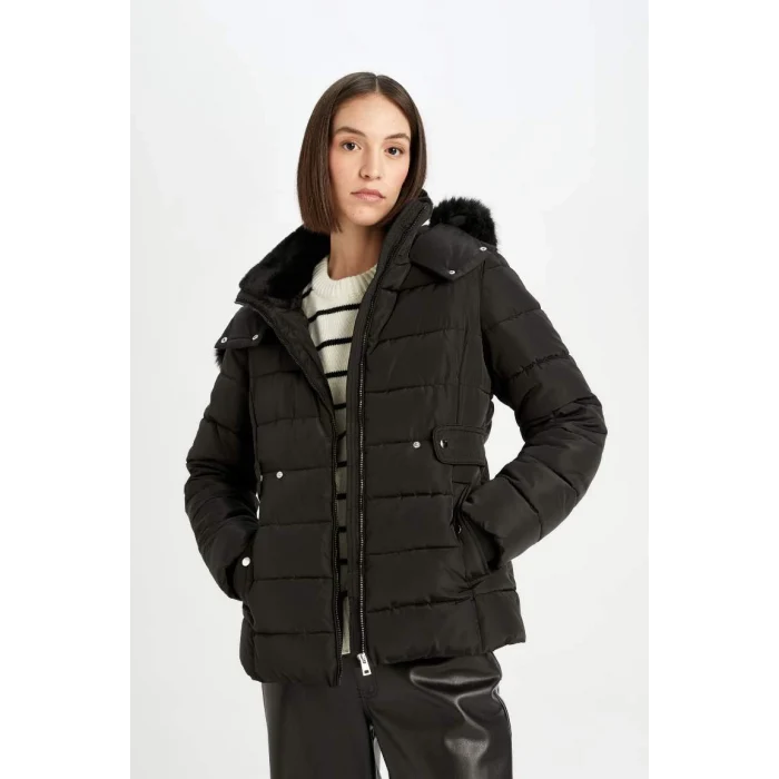 A0772 Su İtici Hafif Uzun Çıkarılabilir Suni Kürk Kapüşonlu Kapitoneli Fermuar Çıtçıtlı Cepli Şişme Mont