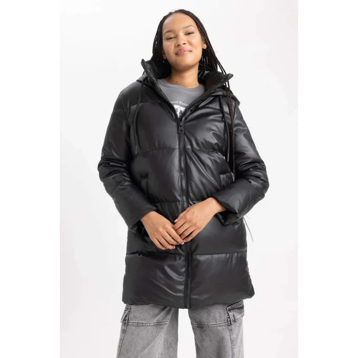 A0873 Kapüşonlu Puffer Şişme Suni Deri Parka