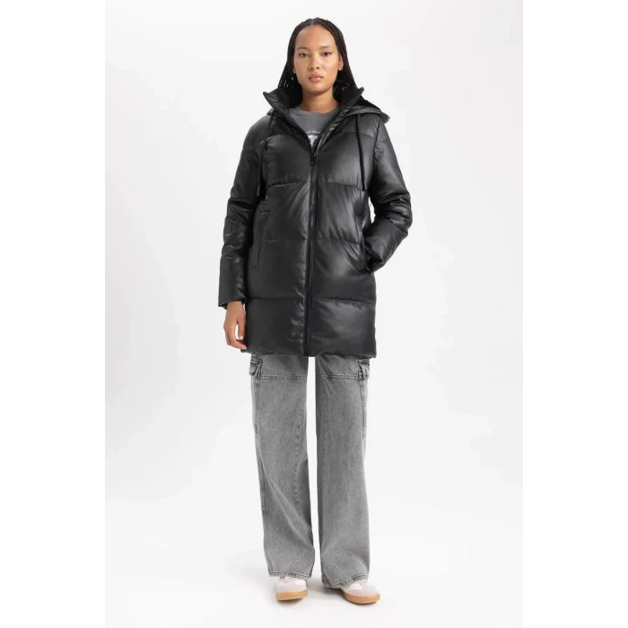 A0873 Kapüşonlu Puffer Şişme Suni Deri Parka