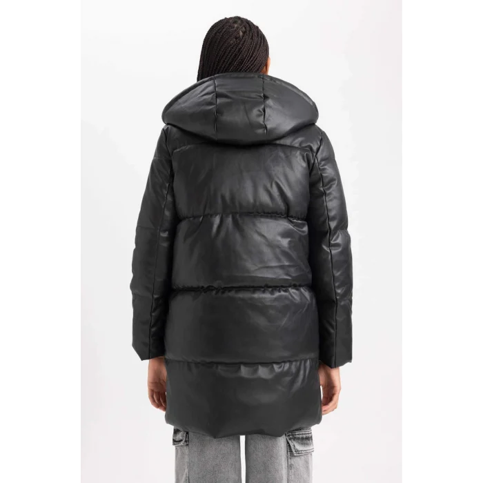 A0873 Kapüşonlu Puffer Şişme Suni Deri Parka