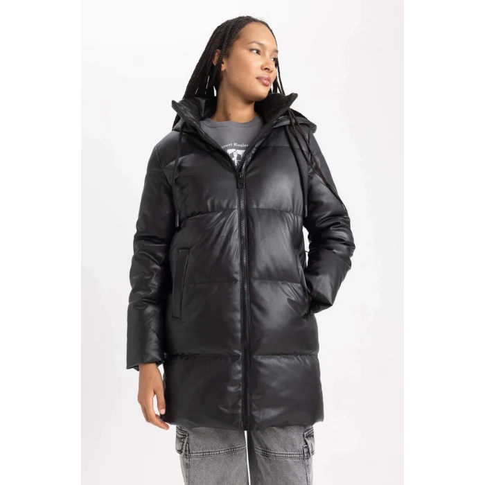 A0873 Kapüşonlu Puffer Şişme Suni Deri Parka