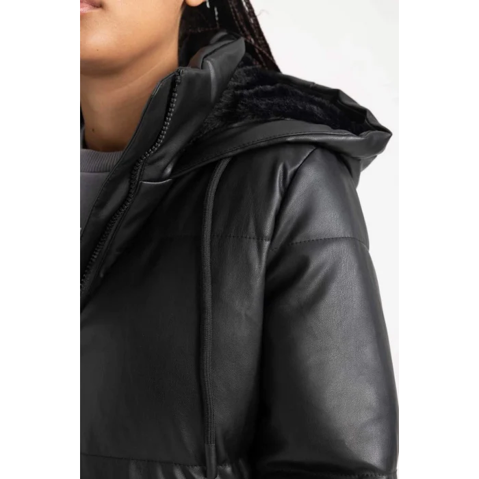 A0873 Kapüşonlu Puffer Şişme Suni Deri Parka