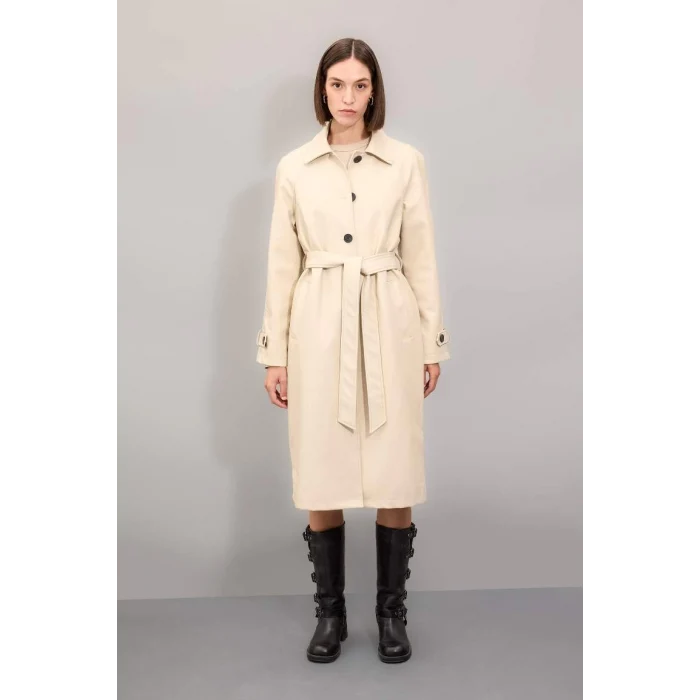 A0973 Su İtici Suni Deri Gömlek Yaka Düğmeli Cepli Apoletli Uzun Trençkot