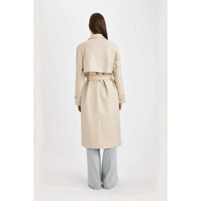 A0973 Su İtici Suni Deri Gömlek Yaka Düğmeli Cepli Apoletli Uzun Trençkot