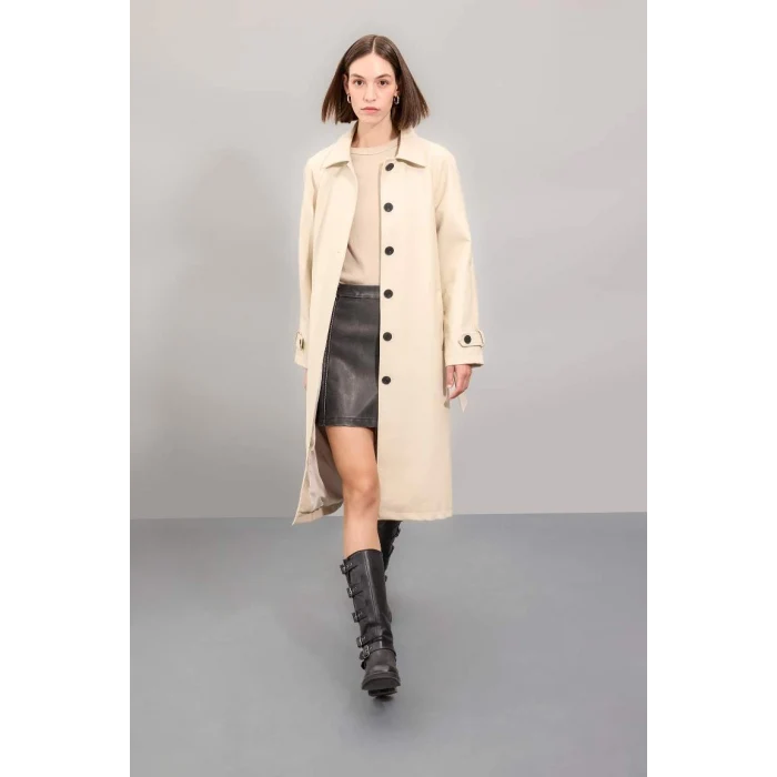 A0973 Su İtici Suni Deri Gömlek Yaka Düğmeli Cepli Apoletli Uzun Trençkot