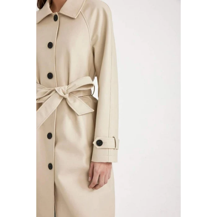 A0973 Su İtici Suni Deri Gömlek Yaka Düğmeli Cepli Apoletli Uzun Trençkot