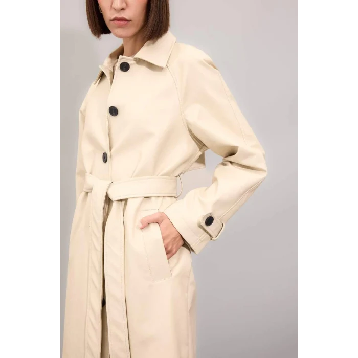 A0973 Su İtici Suni Deri Gömlek Yaka Düğmeli Cepli Apoletli Uzun Trençkot