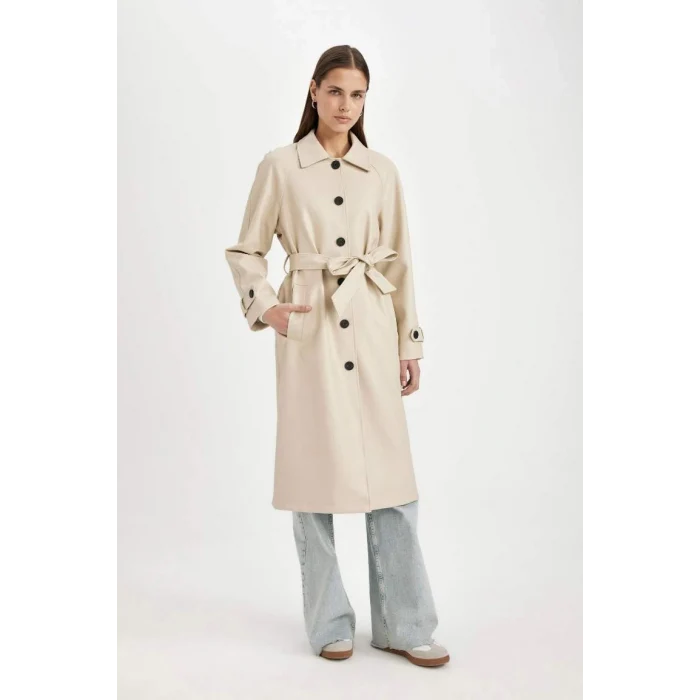 A0973 Su İtici Suni Deri Gömlek Yaka Düğmeli Cepli Apoletli Uzun Trençkot