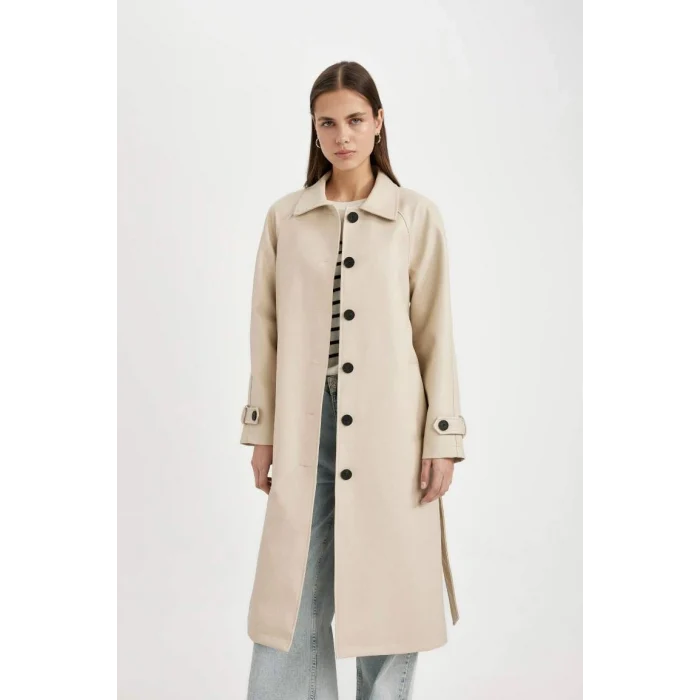 A0973 Su İtici Suni Deri Gömlek Yaka Düğmeli Cepli Apoletli Uzun Trençkot