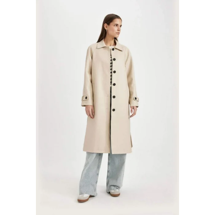 A0973 Su İtici Suni Deri Gömlek Yaka Düğmeli Cepli Apoletli Uzun Trençkot