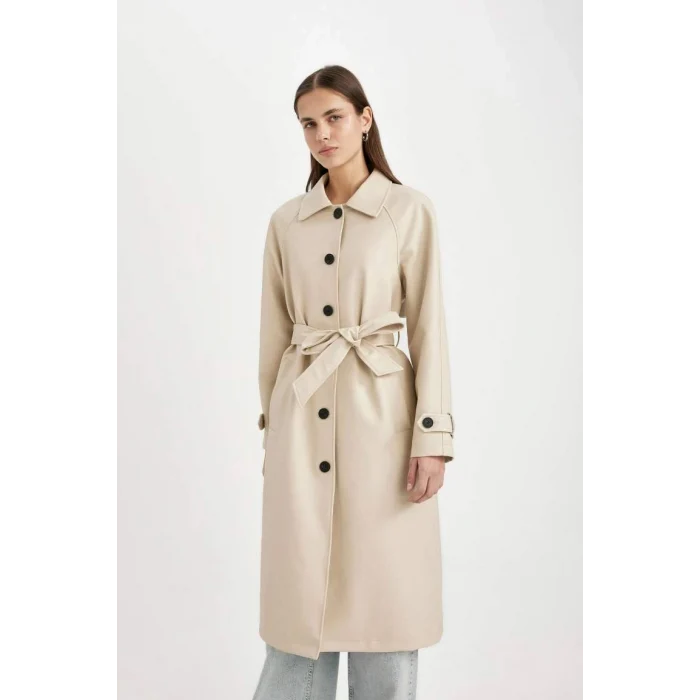 A0973 Su İtici Suni Deri Gömlek Yaka Düğmeli Cepli Apoletli Uzun Trençkot