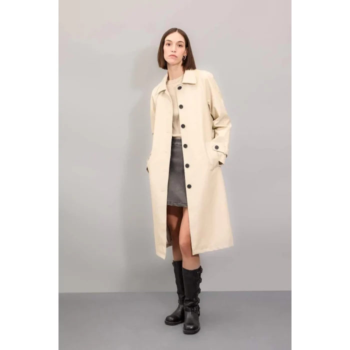 A0973 Su İtici Suni Deri Gömlek Yaka Düğmeli Cepli Apoletli Uzun Trençkot