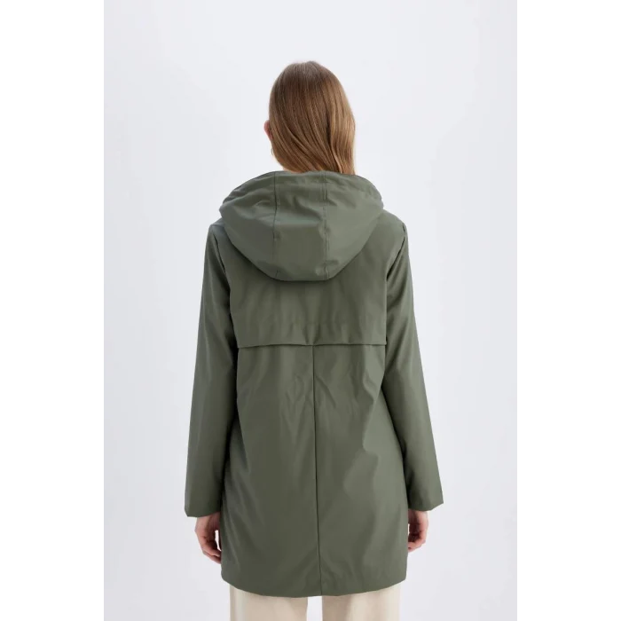 A0982 Su İtici Suni Deri Uzun Yağmurluk Polar Astarlı Kapüşonlu Fermuar Çıtçıtlı Cepli Mevsimlik