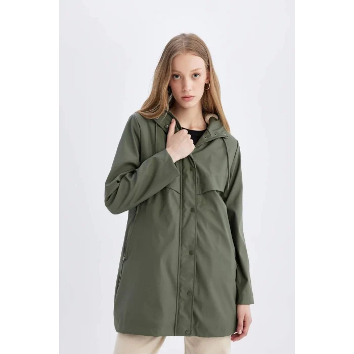 A0982 Su İtici Suni Deri Uzun Yağmurluk Polar Astarlı Kapüşonlu Fermuar Çıtçıtlı Cepli Mevsimlik