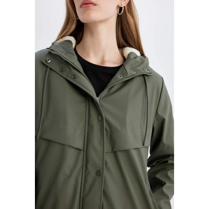 A0982 Su İtici Suni Deri Uzun Yağmurluk Polar Astarlı Kapüşonlu Fermuar Çıtçıtlı Cepli Mevsimlik