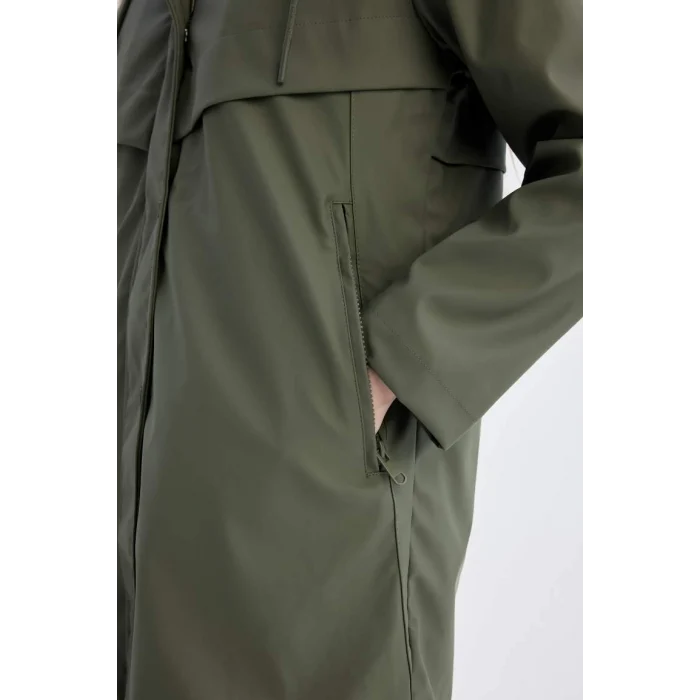 A0982 Su İtici Suni Deri Uzun Yağmurluk Polar Astarlı Kapüşonlu Fermuar Çıtçıtlı Cepli Mevsimlik