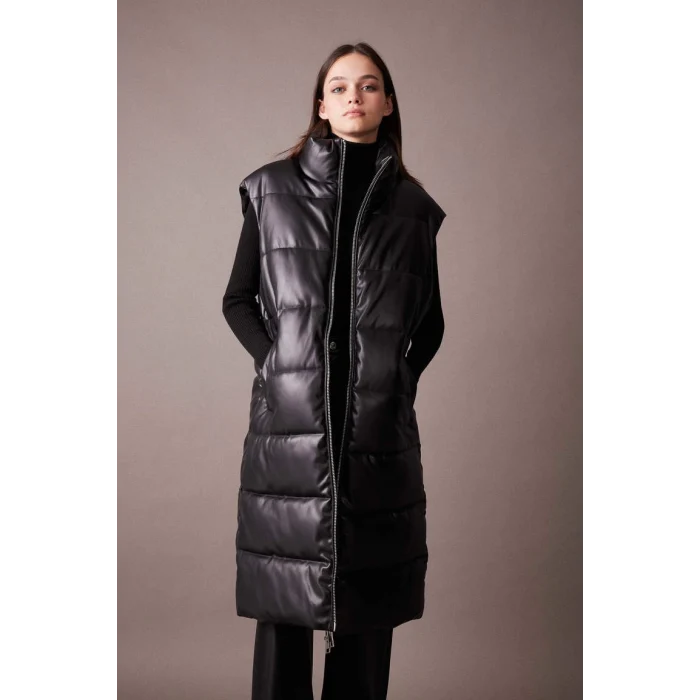 A1008 Relax Fit Suni Deri Uzun Şişme Yelek