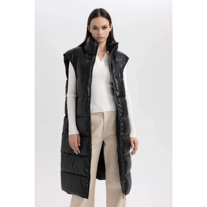 A1008 Relax Fit Suni Deri Uzun Şişme Yelek